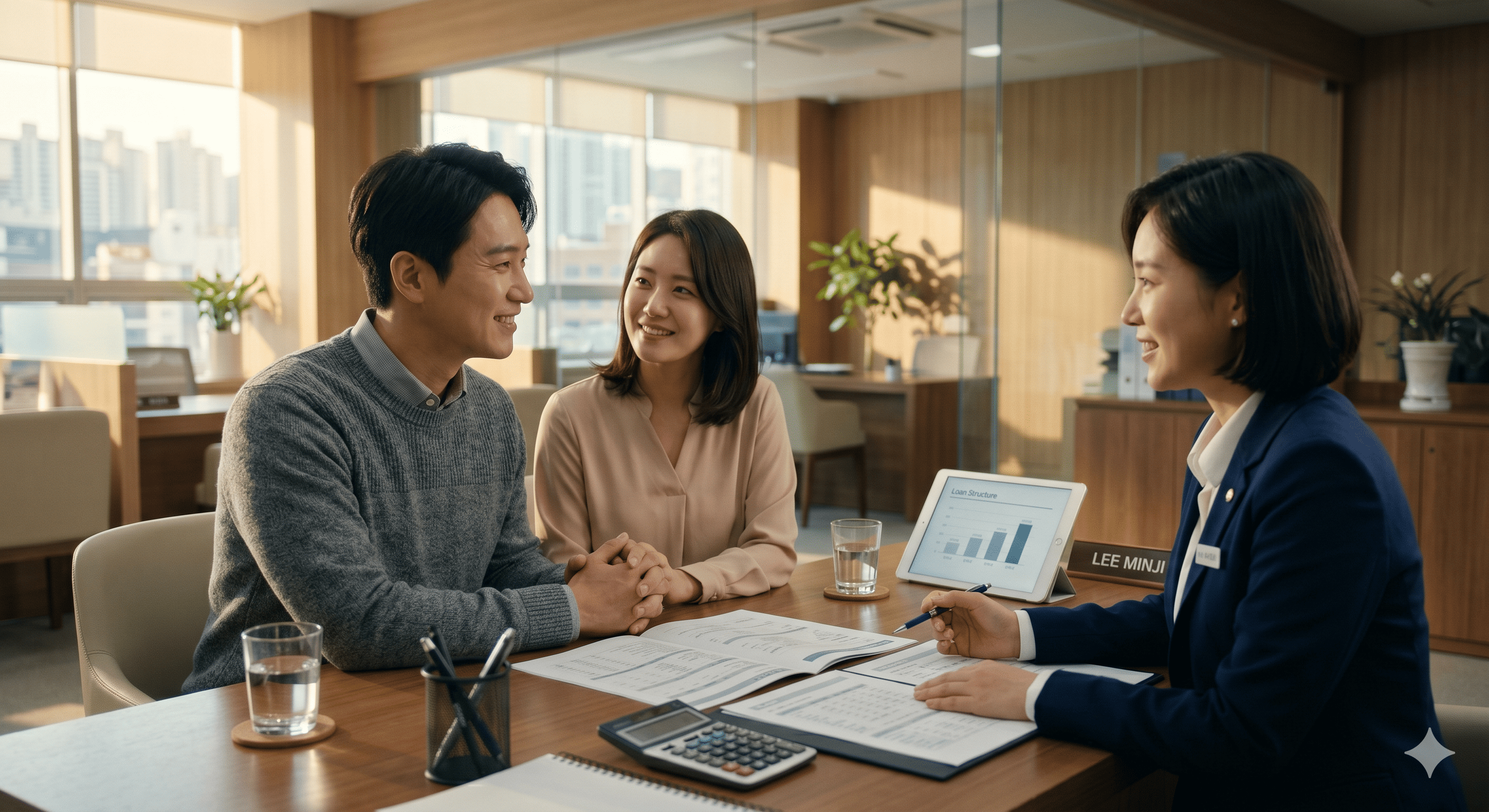 은행 창구에서 맞벌이 아파트 매매 대출 상담받는 부부