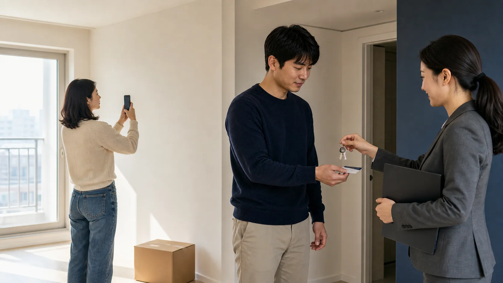 잔금일 빈 아파트에서 집 상태를 점검하고 열쇠와 출입카드를 확인하는 부부