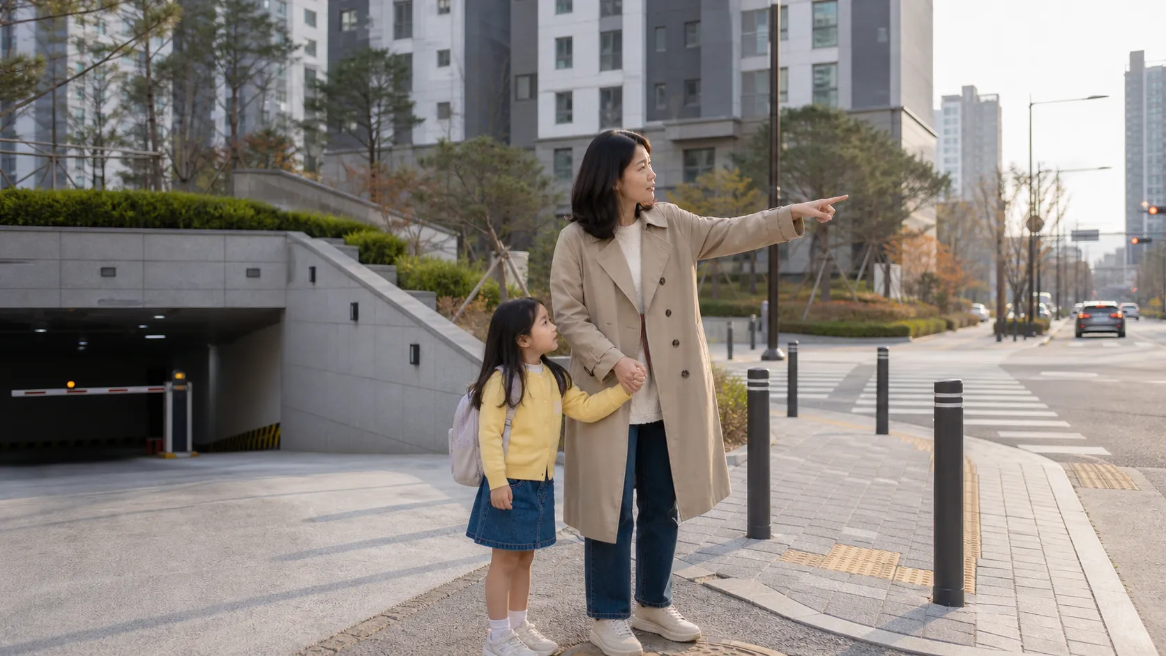 평일 아침 통학로 임장 엄마와 아이가 아파트 앞 횡단보도와 차량 출입구를 확인하는 모습