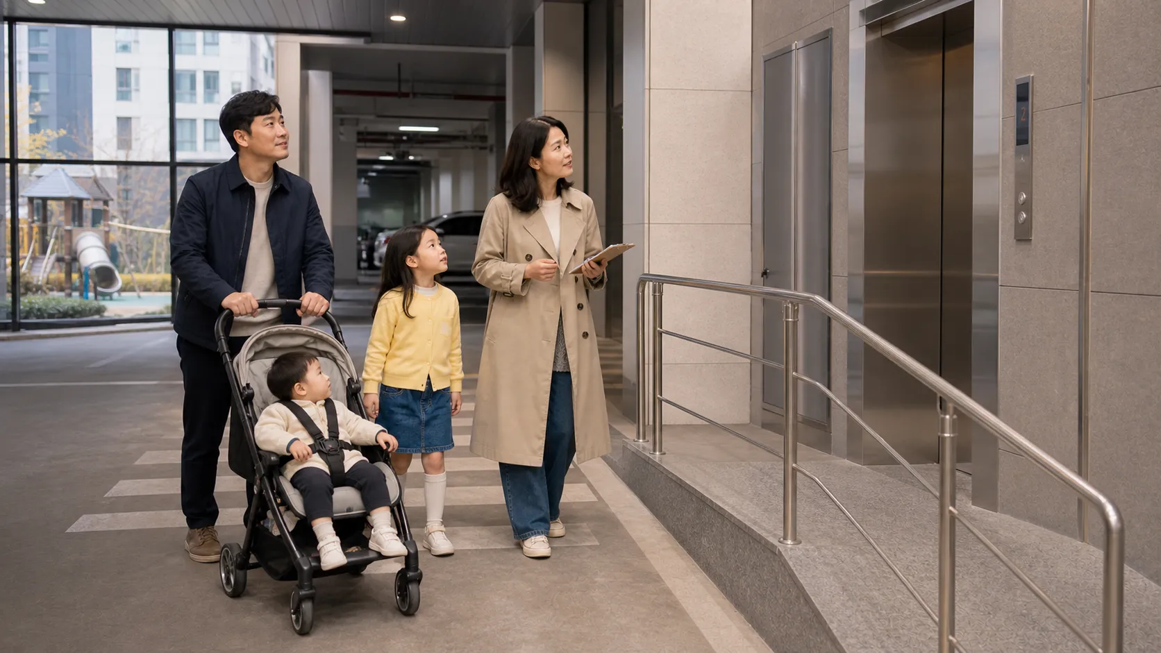유모차 이동 동선 확인 부모가 아파트 지하주차장에서 유모차로 엘리베이터까지 이동하는 모습