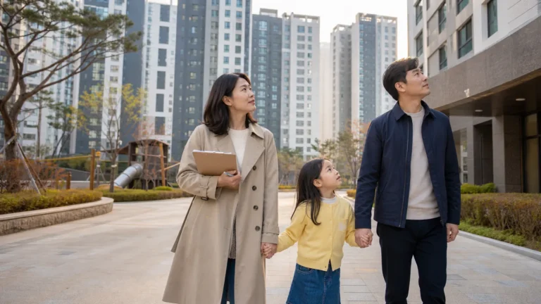 엄마 아빠 아이가 아파트 단지를 걸으며 임장하는 모습