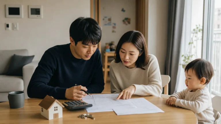새 아파트 식탁에서 계약서와 계산기를 살펴보는 부부와 아이