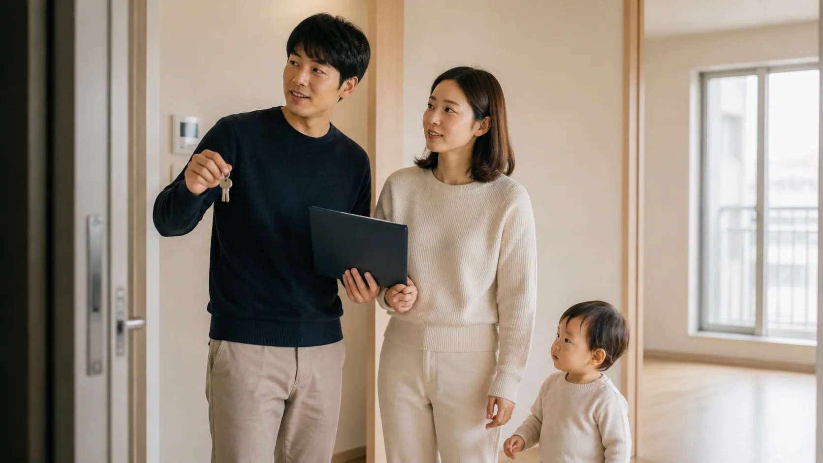 생애최초 주택 취득세 감면 자격 확인 처음 산 아파트에서 계약서와 열쇠를 들고 취득세 감면 자격을 확인하는 부부와 아이
