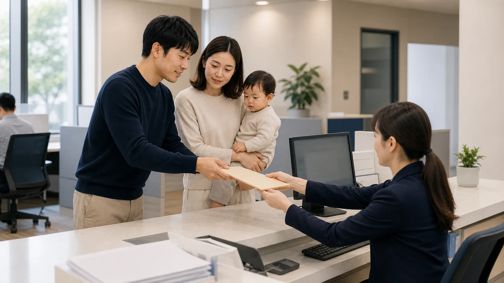 생애최초 취득세 감면 신청 관할 지방자치단체 세무 창구에서 취득세 감면서류를 제출하는 부부와 아이