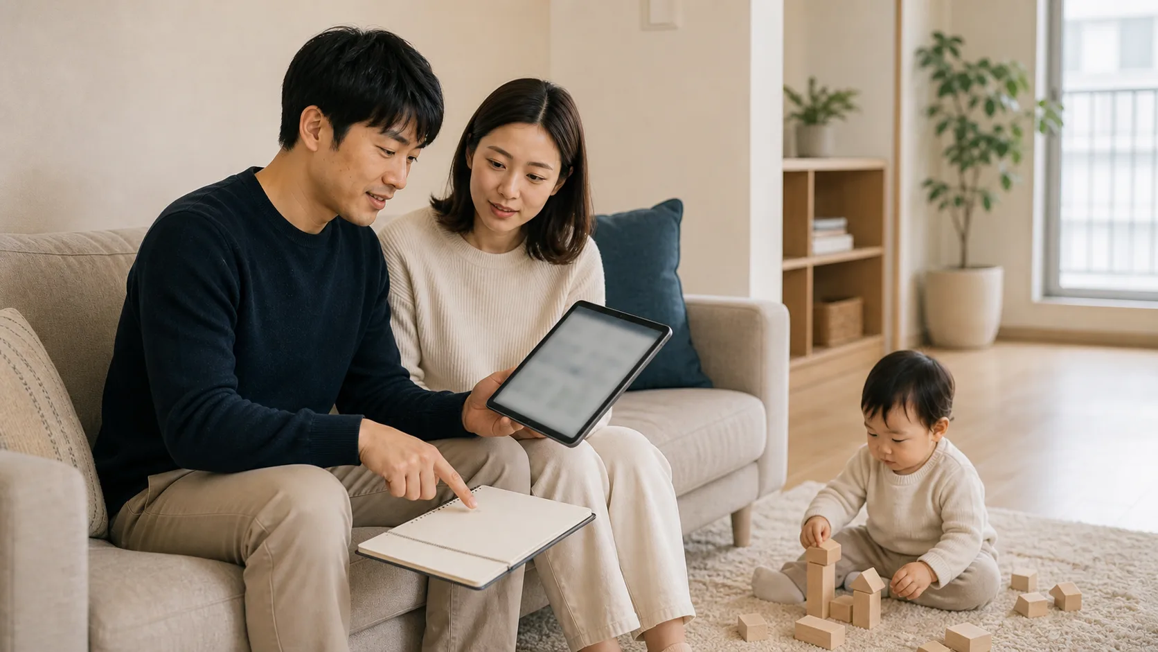 생애최초 취득세 감면액 계산 거실에서 태블릿과 메모장으로 주택 취득세와 감면액을 계산하는 부부와 아이