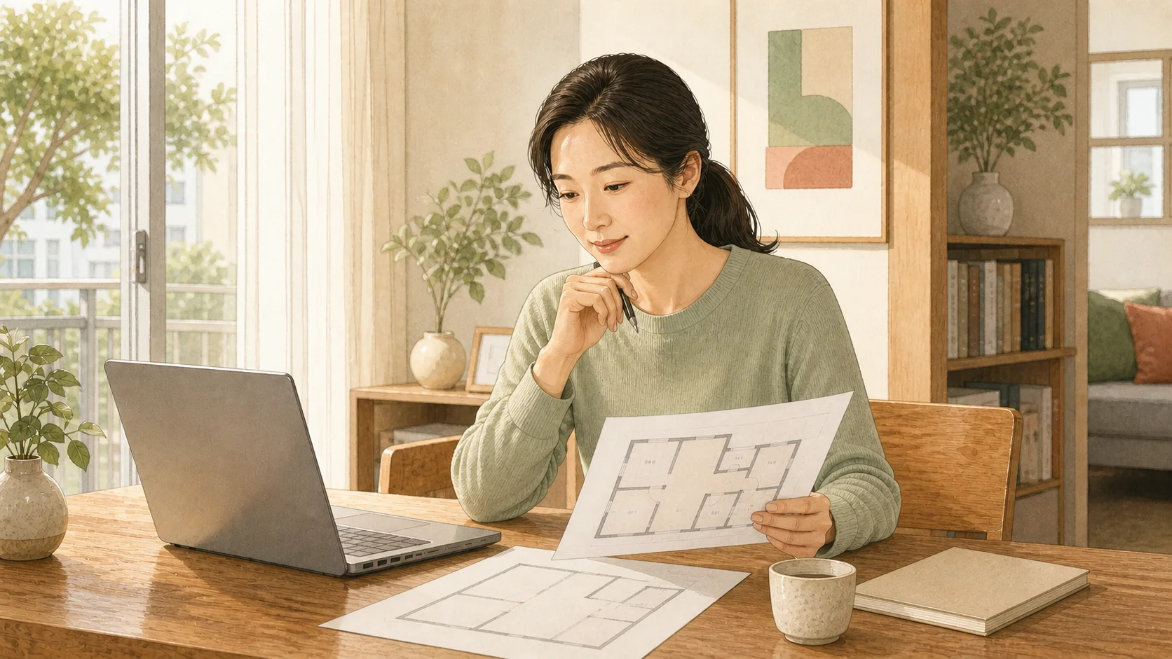 내 집 마련 예산과 대출 계획 내 집 마련 예산표와 대출 계획을 노트북으로 정리하는 엄마의 책상