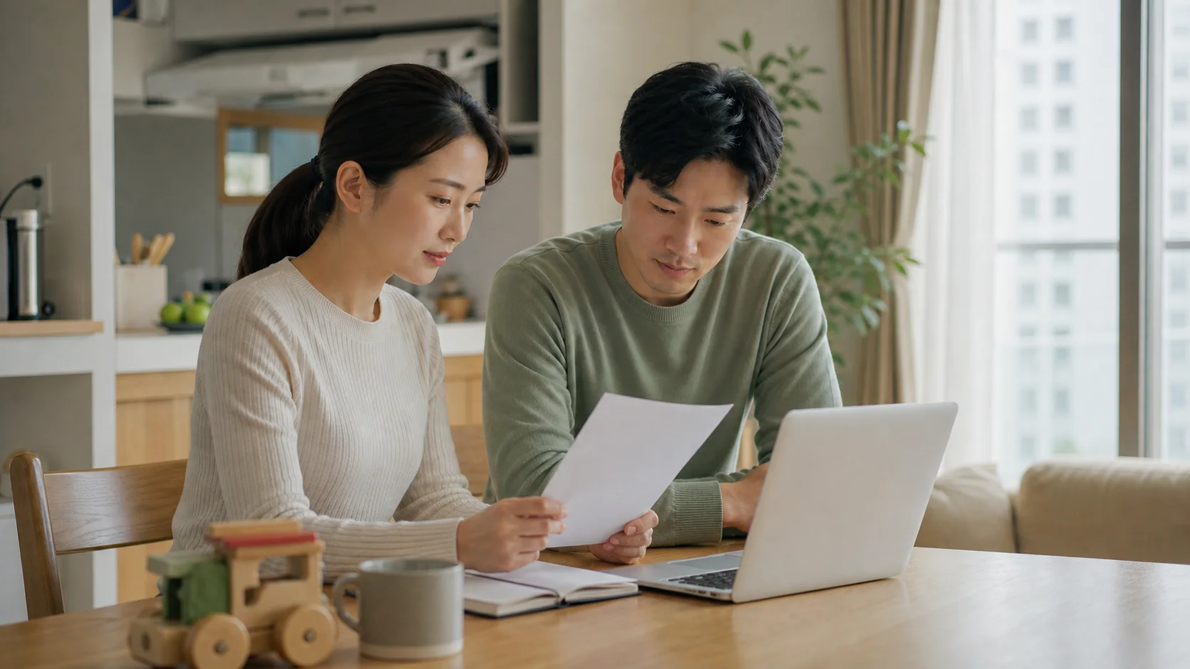 월세 세액공제 조건을 확인하는 가족 밝은 월세 아파트 식탁에서 임대차계약서와 노트북을 함께 확인하는 맞벌이 부부
