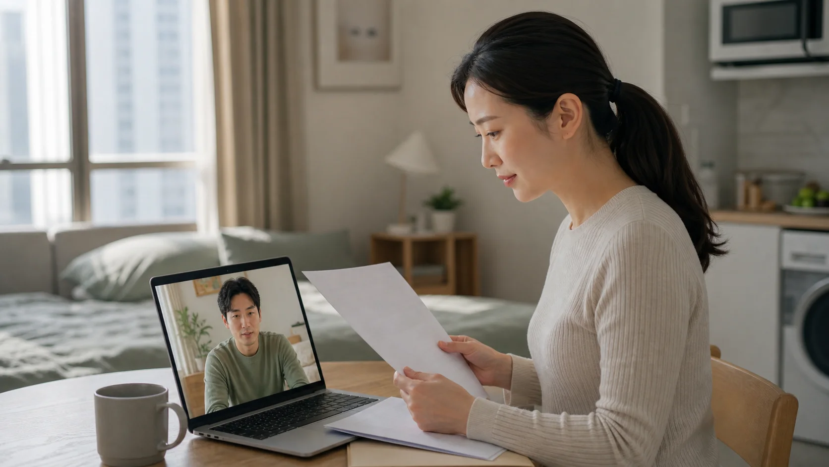 분리 거주 맞벌이 부부의 월세 확인 다른 지역의 월세집에서 영상통화를 하며 각자의 임대차 서류를 확인하는 맞벌이 부부