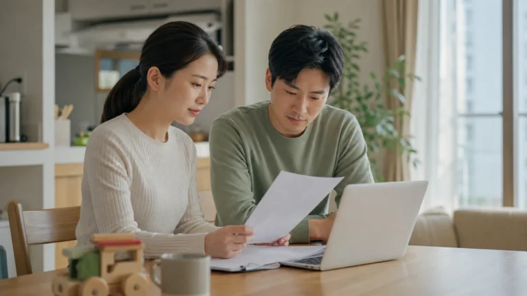 밝은 월세 아파트 식탁에서 임대차계약서와 노트북을 함께 살펴보는 맞벌이 부부