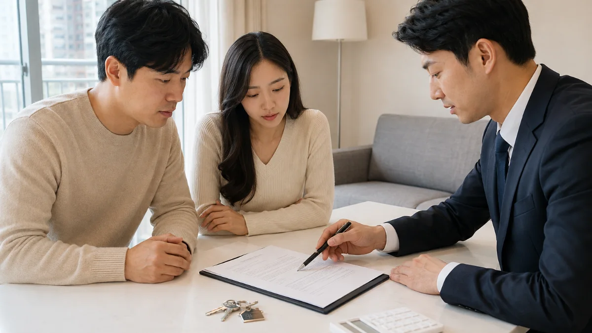 전세 계약서를 함께 확인하는 부부와 공인중개사